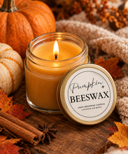 Load image into Gallery viewer, All Natural Pumpkin Spice Hand Poured Beeswax Candle - 4 oz with a bonus FREE digital Cozy Home Guide